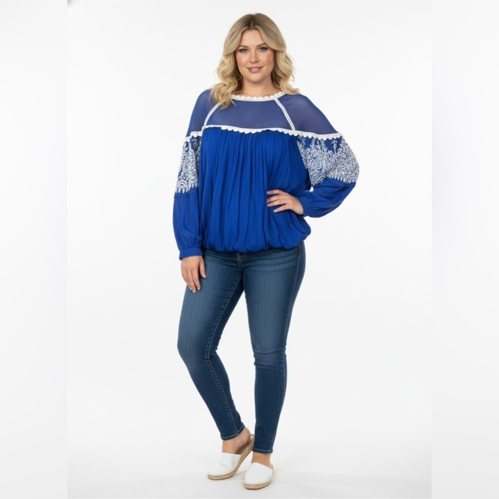 NWT Free People Blue Carly Mesh Embroidered Long Sleeve Blouse Sz L